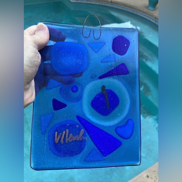 Greek Inspired Fused Art Glass  Hanging Plaque 8”x6” Greek Design Blue Glass - Picture 6 of 12